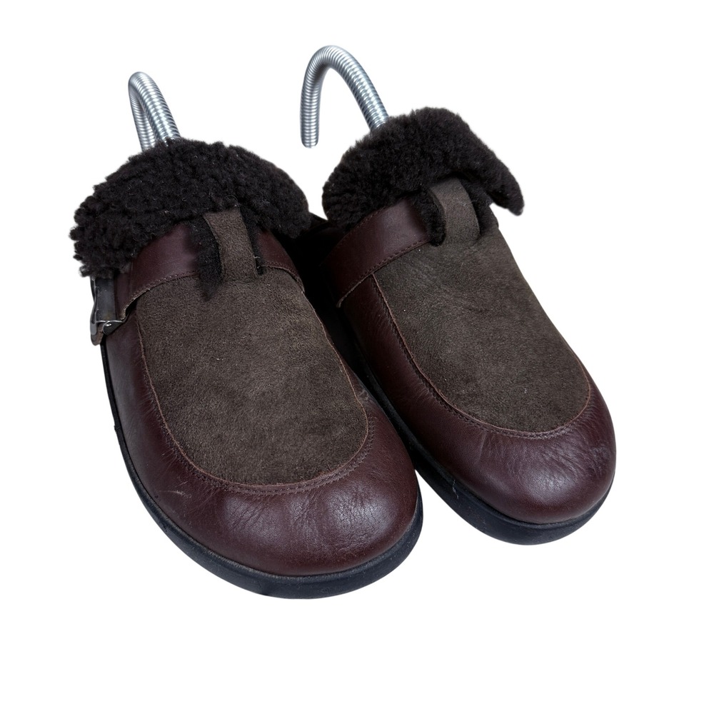 Haflinger Clogs Womens 40 Brown Leather Suede Shearling Trim Buckle Mules